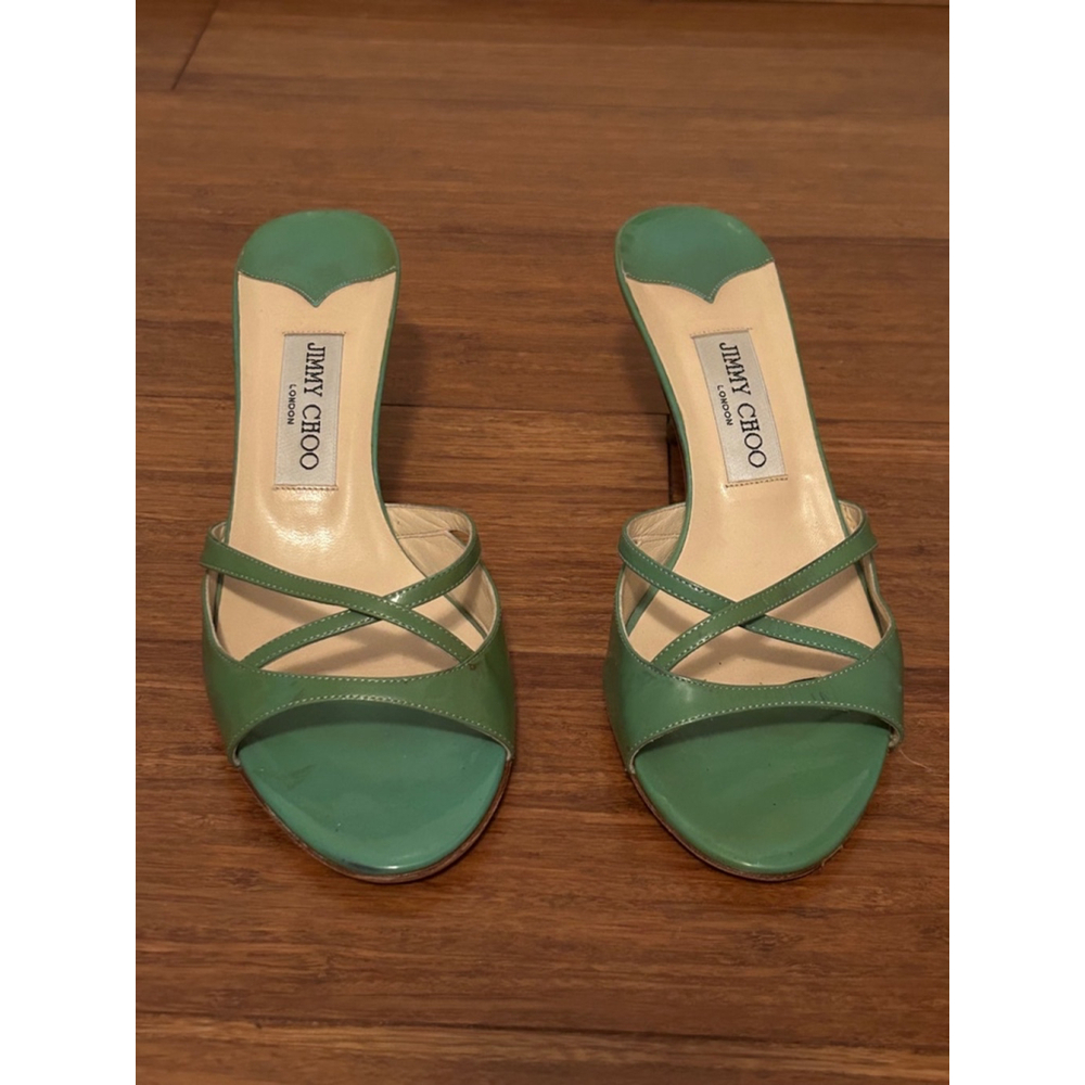 Jimmy Choo Green Leather Kitten Heel Sandals Size 37.5